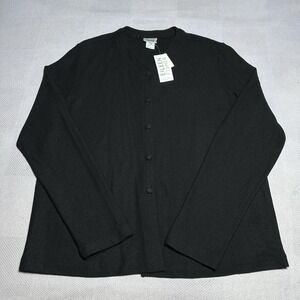 NEW Eileen Fisher Knitted Wool Crepe Cardigan Womens Large Black V-Neck NWT